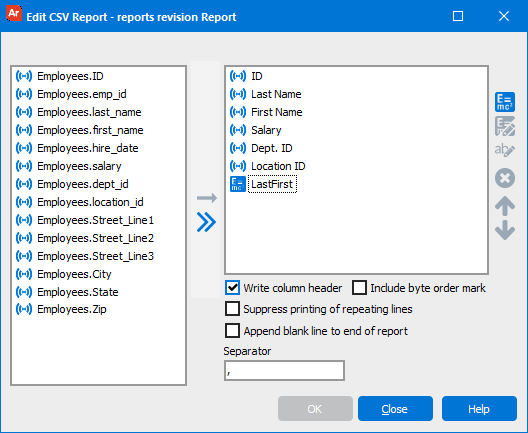Edit CSV Report dialog with the new expression field added.